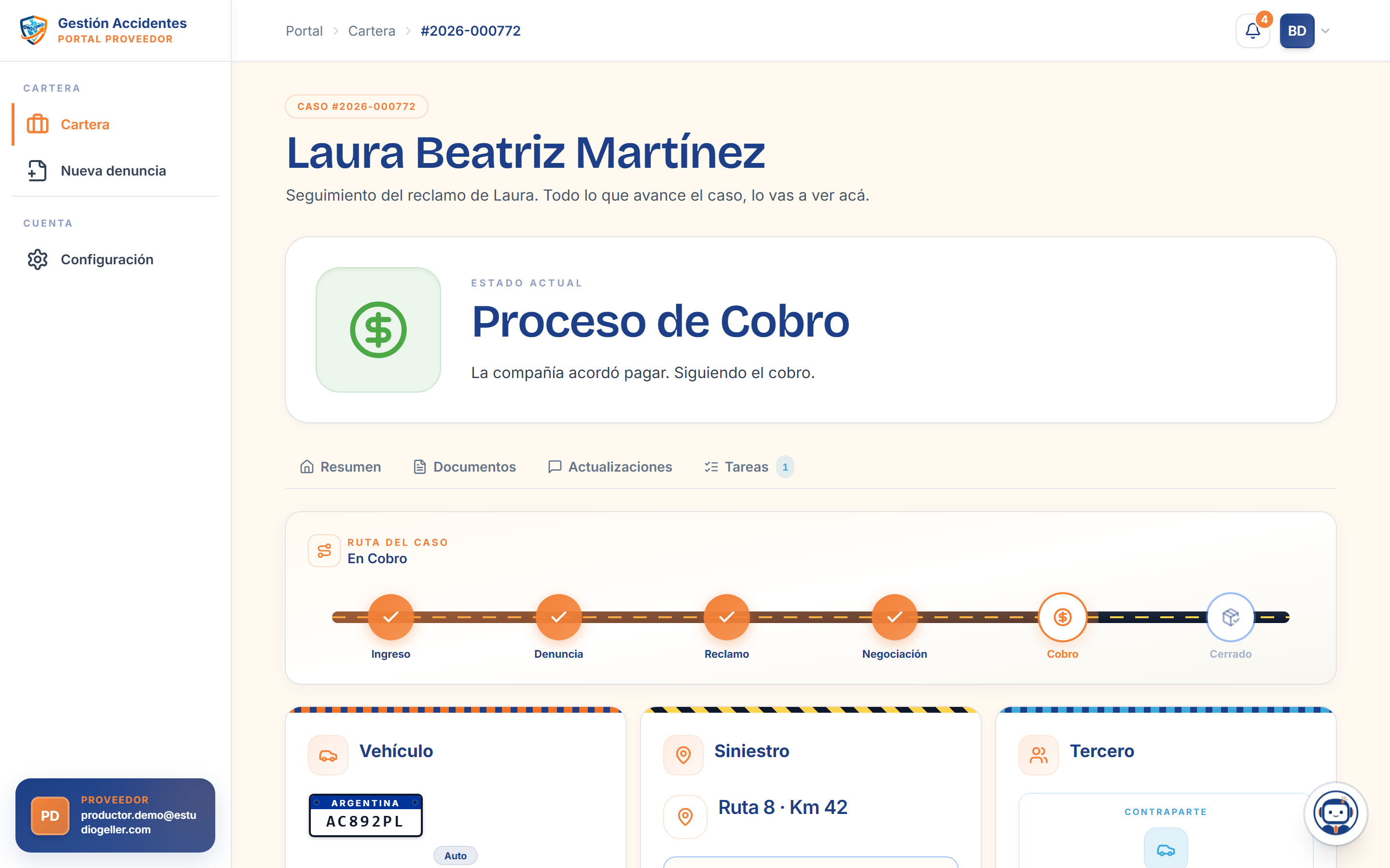 Detalle del reclamo con timeline y estado actual