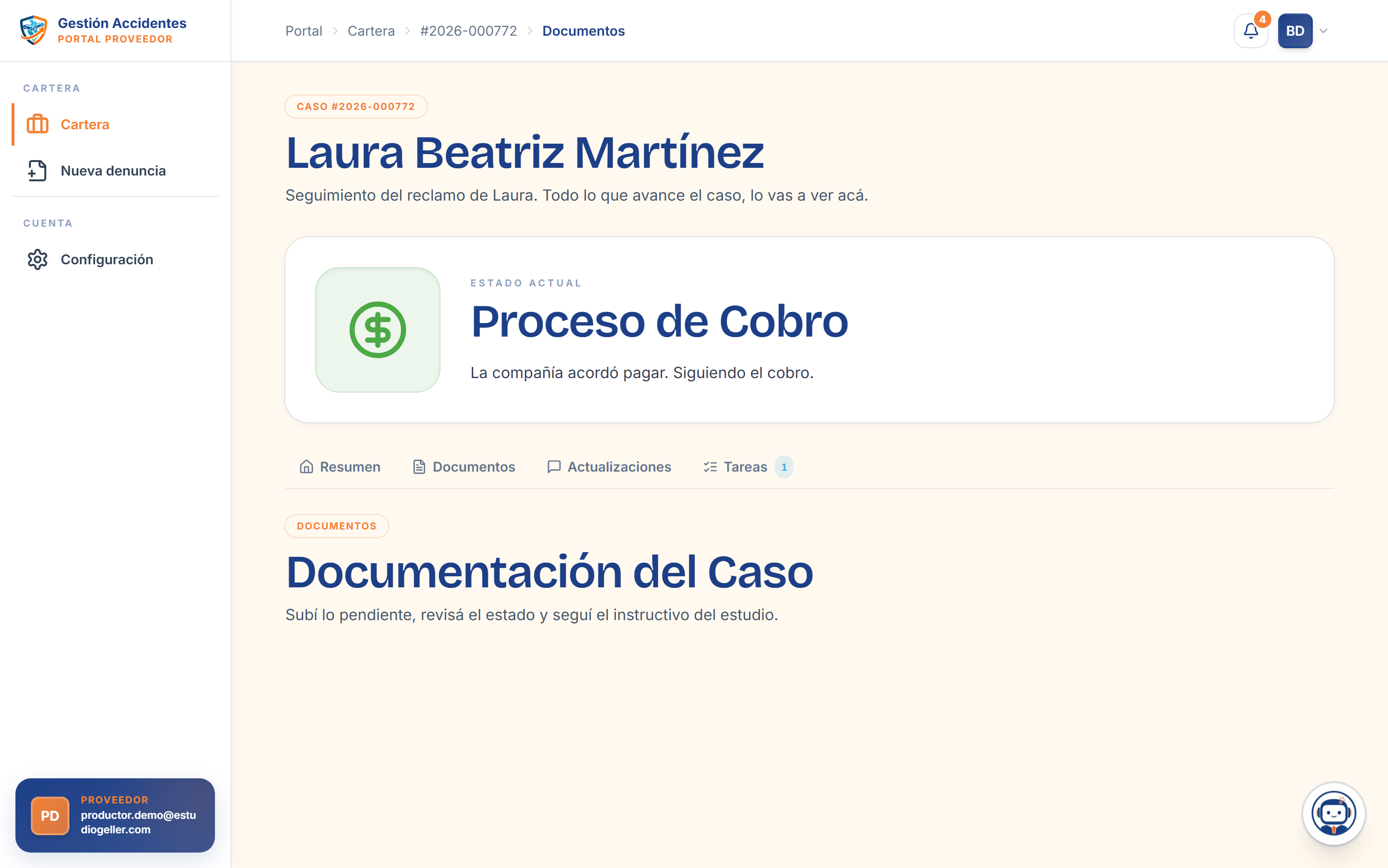 Sección de documentación del caso: subir DNI, cédula verde, denuncia, fotos