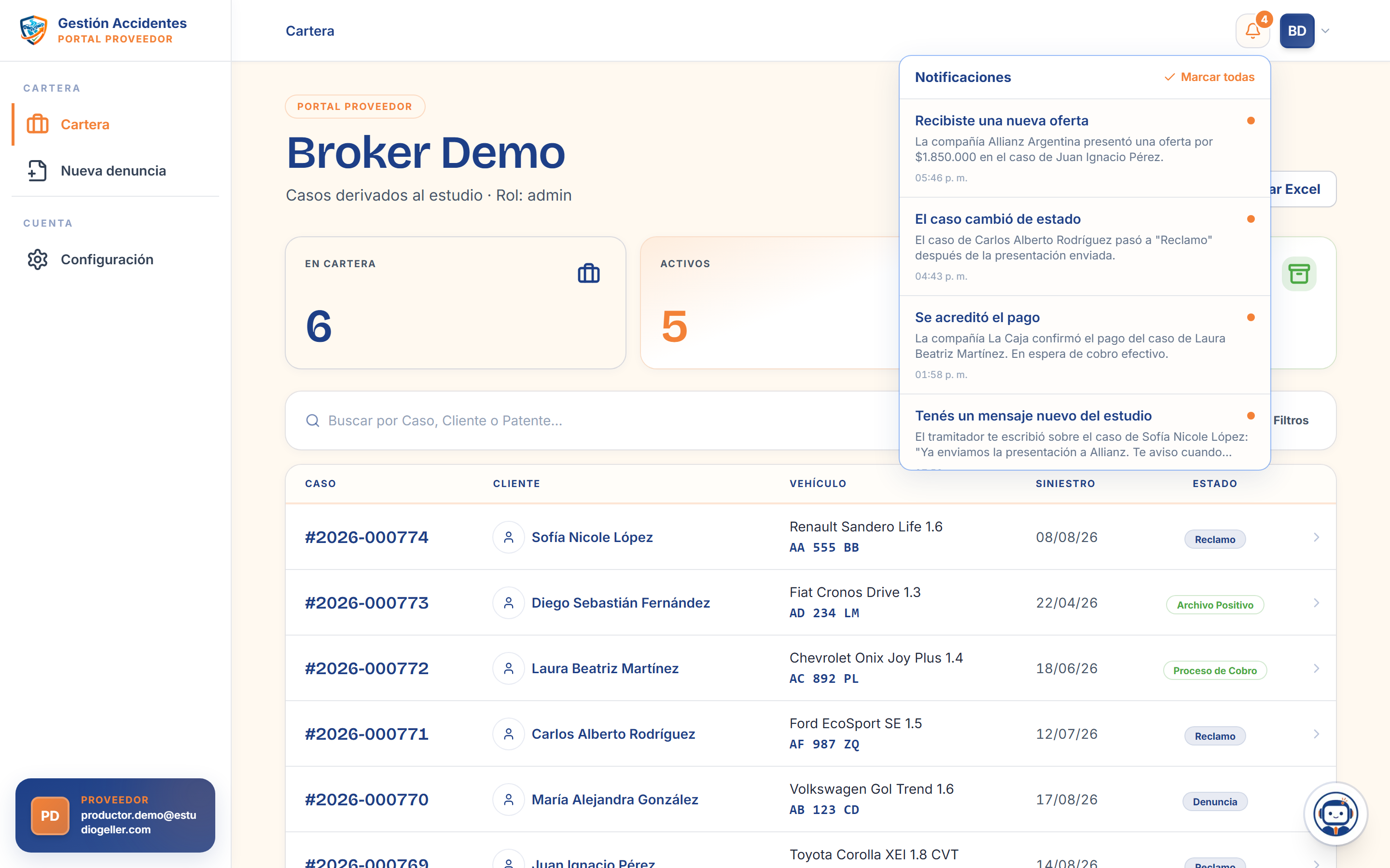 Dropdown de notificaciones del portal con las novedades recientes de cada caso