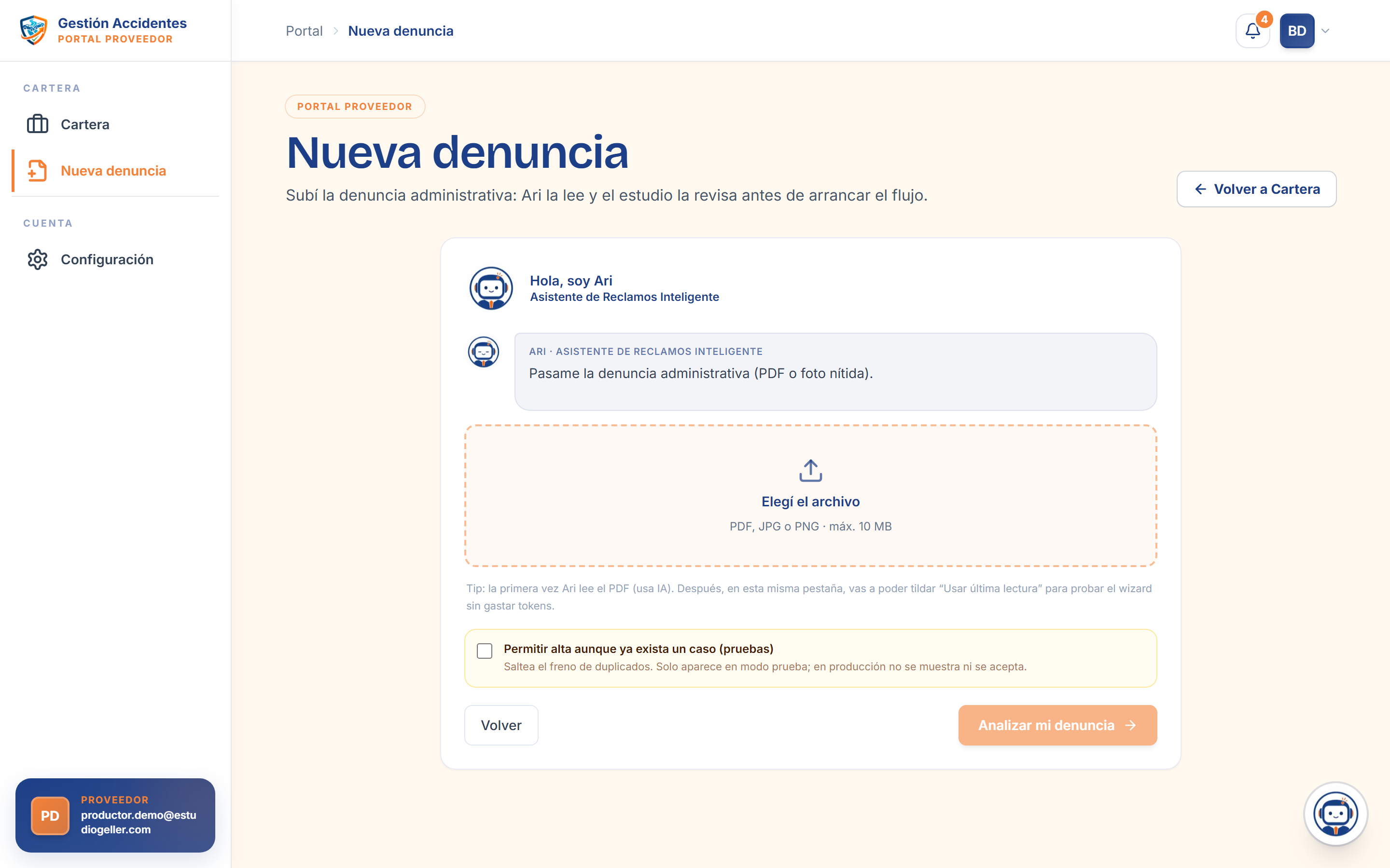 Wizard para cargar una nueva denuncia con IA