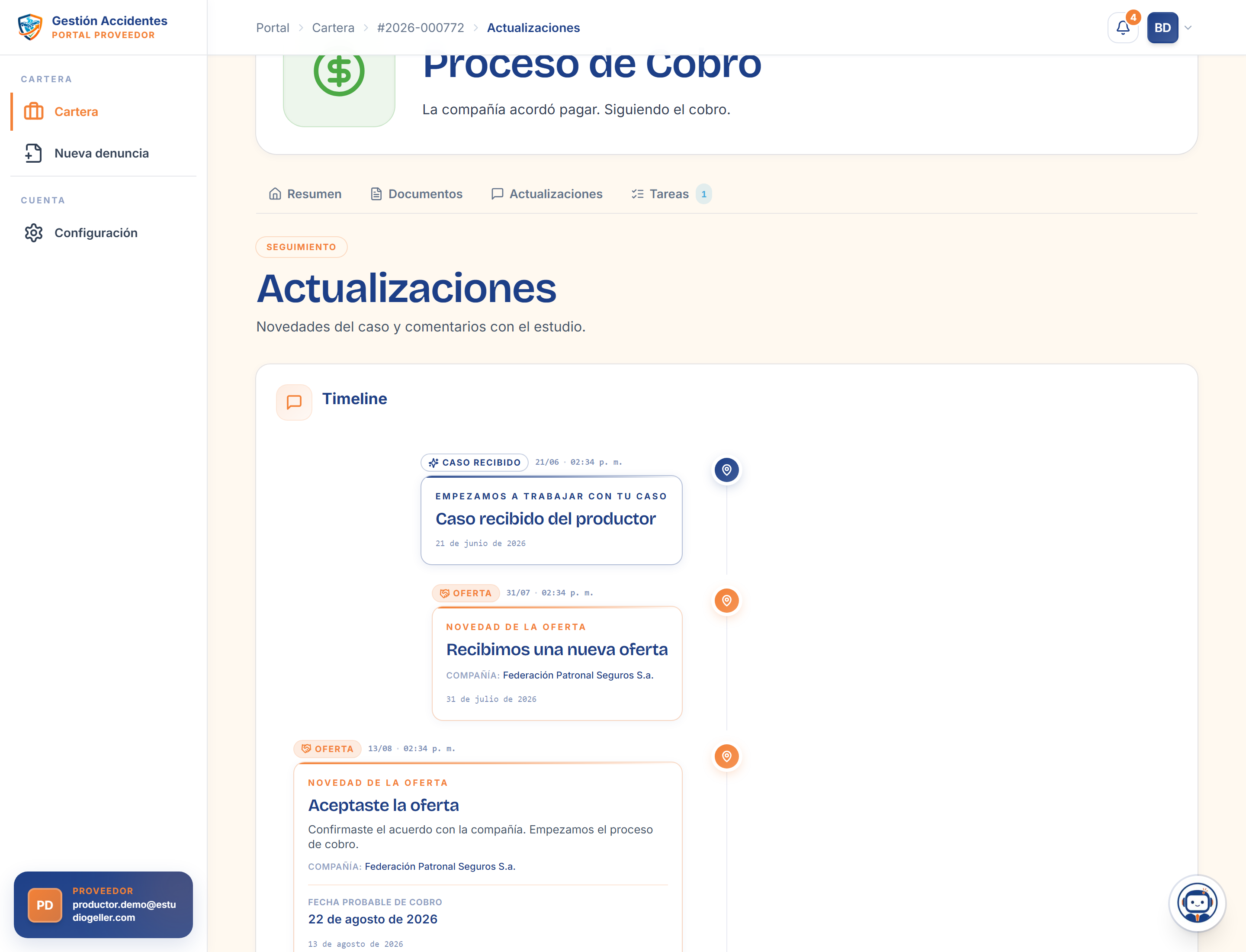 Timeline del caso: eventos, actualizaciones y comentarios entre el cliente y el estudio
